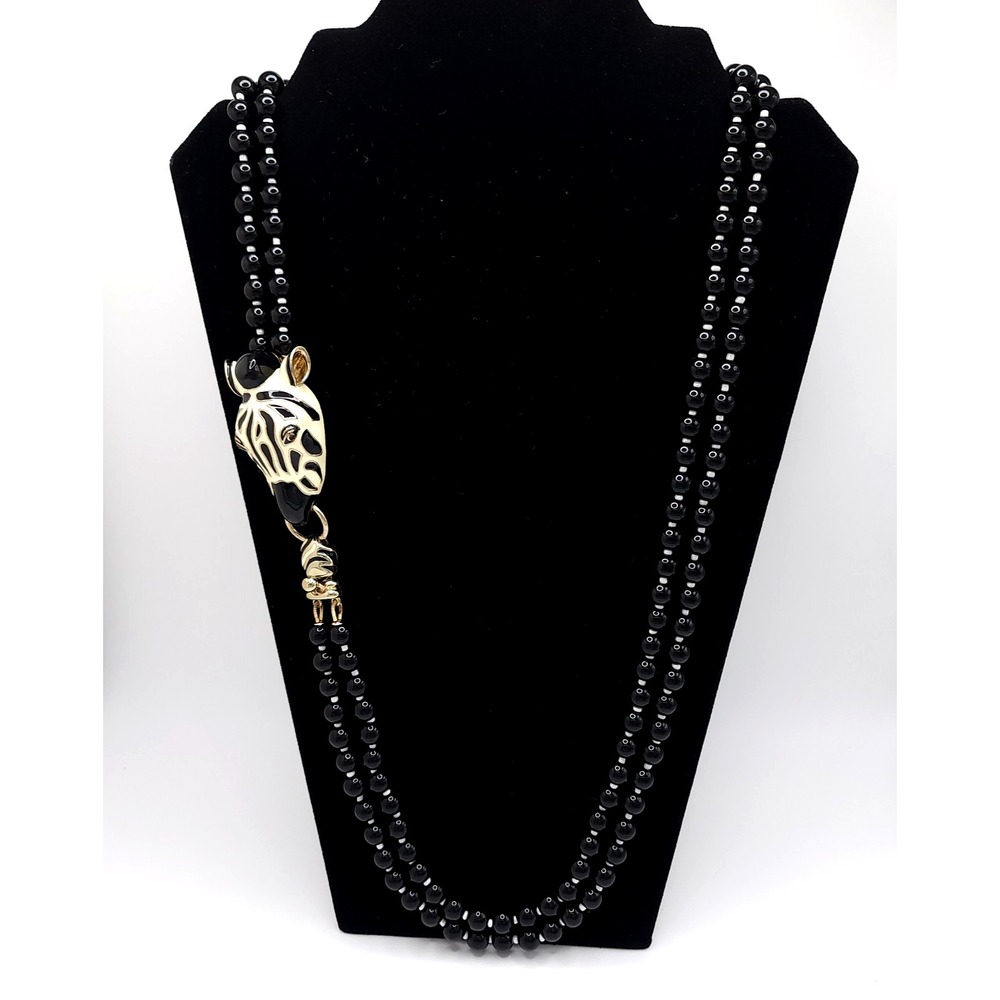 Vintage 1980s Zebra Necklace Black Beaded Double Strand Enamel Statement 32"